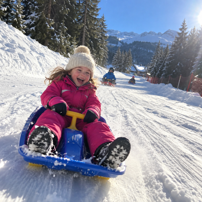 Child tobogganing on a snowy run during a family holiday in Méribel.