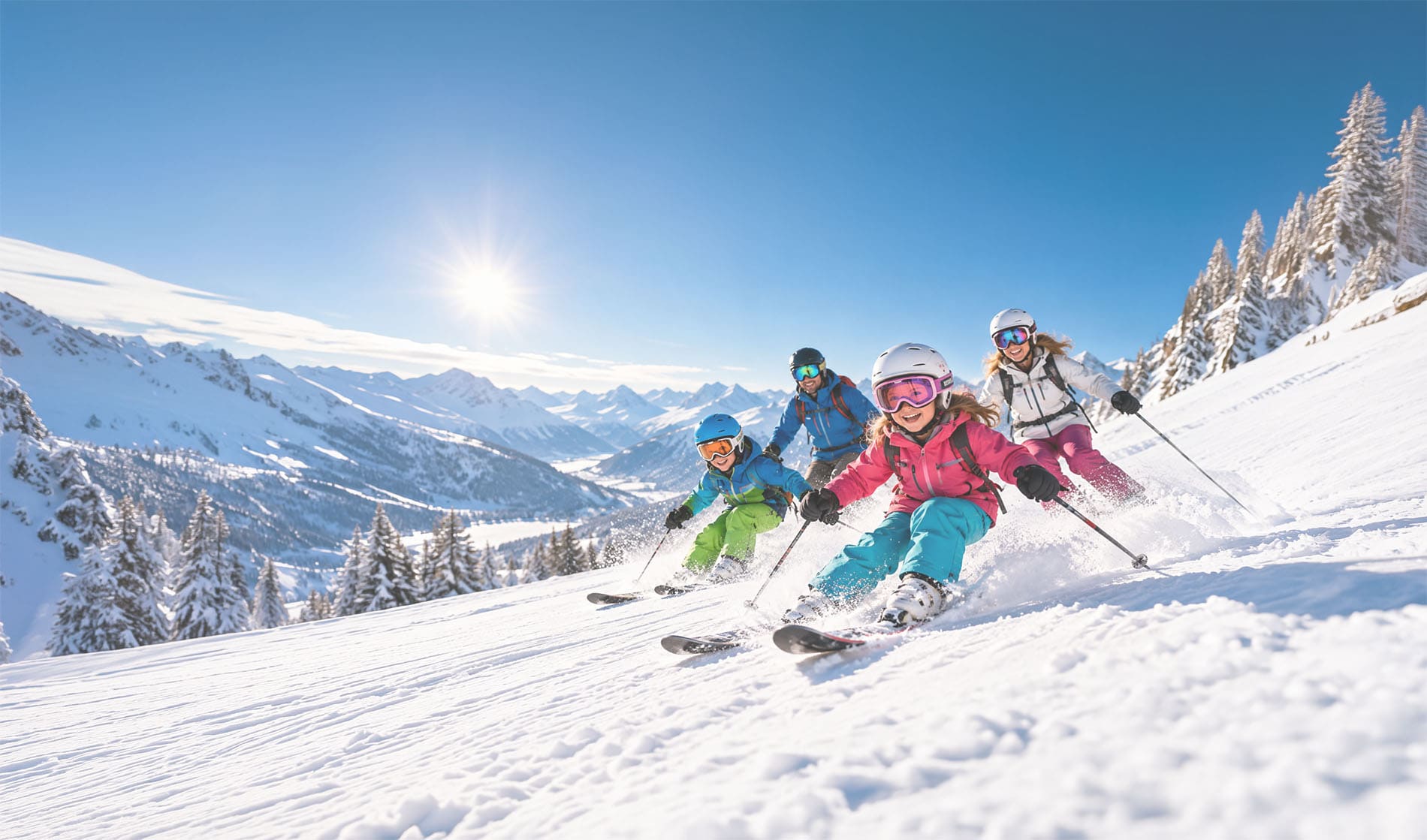 Family skiing together on a snowy mountain during a family ski holiday in Méribel.