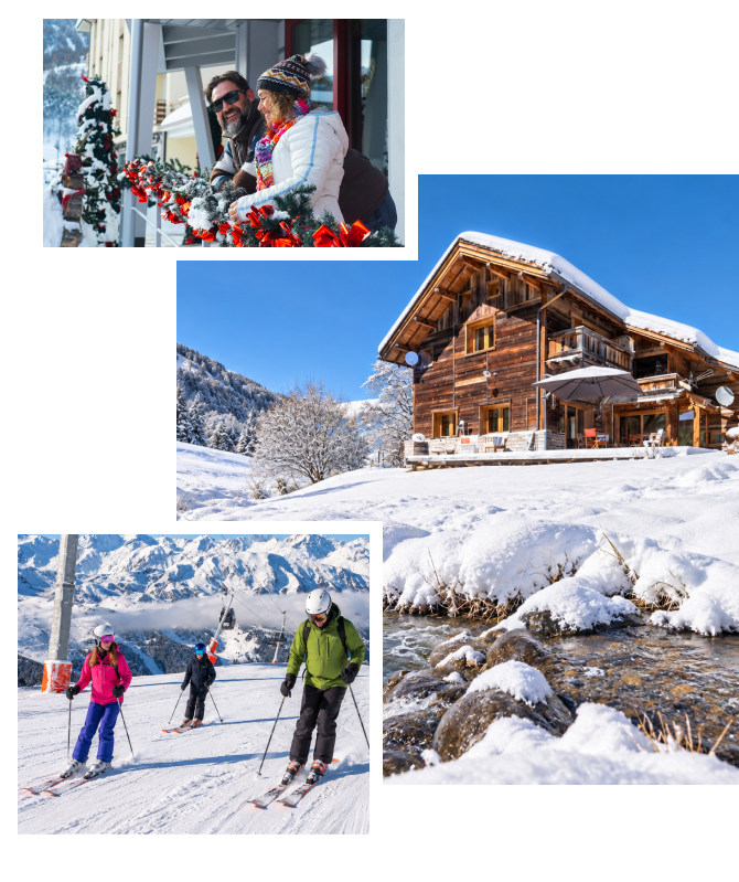 Collage of a couple enjoying festive decorations, a snow-covered Alpine chalet and skiers on the slopes, showcasing Christmas ski holidays in Méribel.