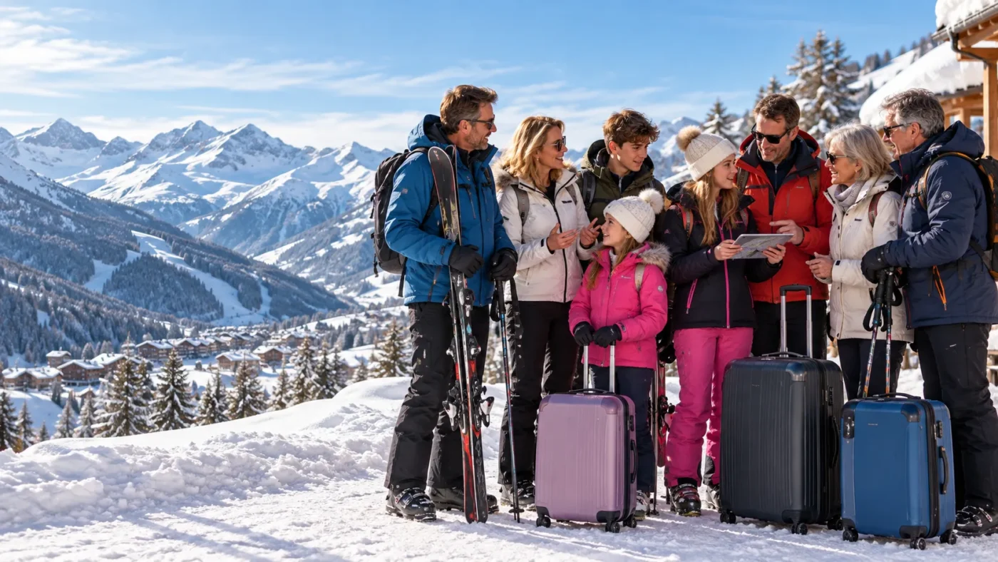 Family and friends discussing their ski holiday accommodation options, with suitcases and skiing equipment against a backdrop of snowy Alpine mountains.